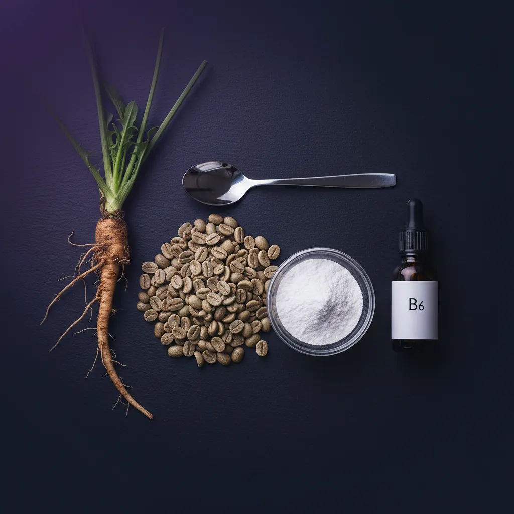 Zutaten Wellaray Coffee: Kaffeebohnen, L-Carnitin Pulver, Chicorée-Inulin und Vitamin B6 - Chrom Vitamin B6 Supplement Flatlay