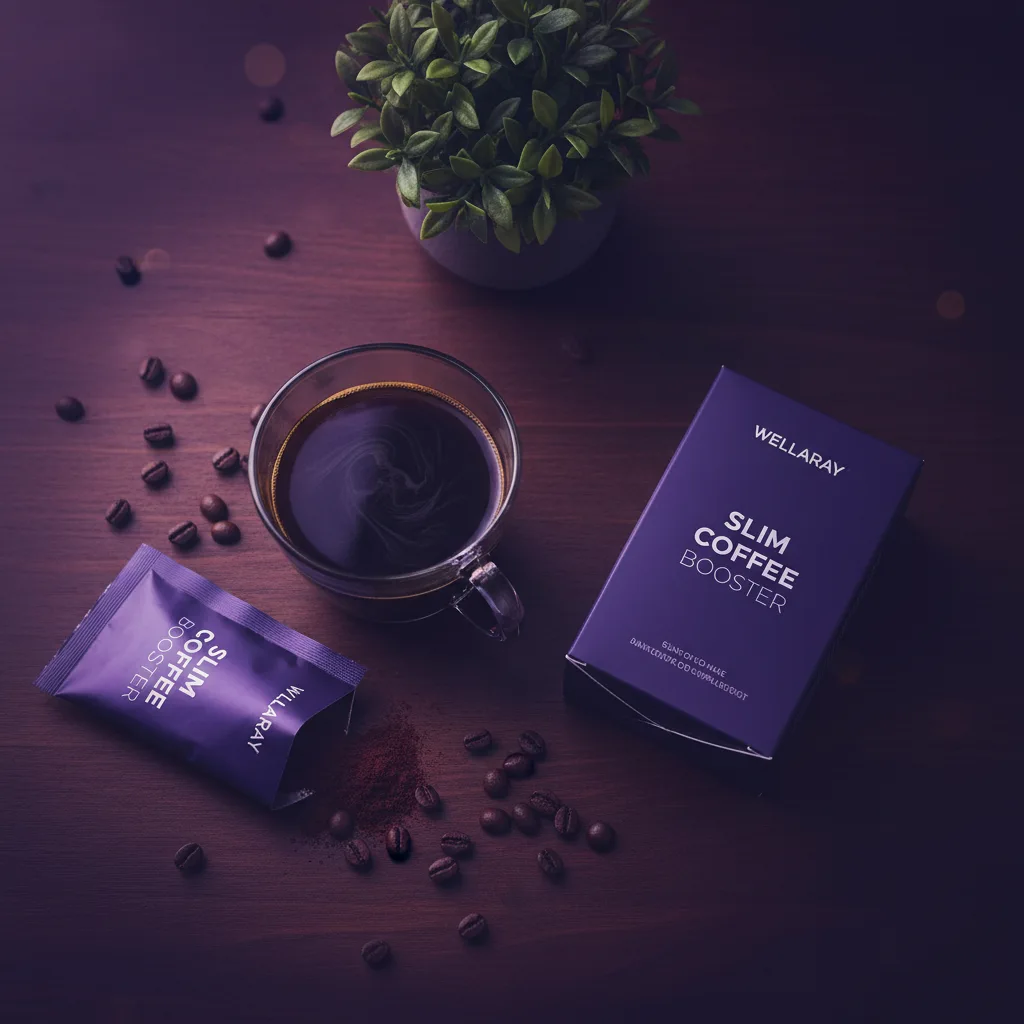 Wellaray Coffee Sachet neben Kaffeemug auf dunklem Holz - Nahrungsergänzungsmittel Kaffee Sachets Deutschland Morgenroutine